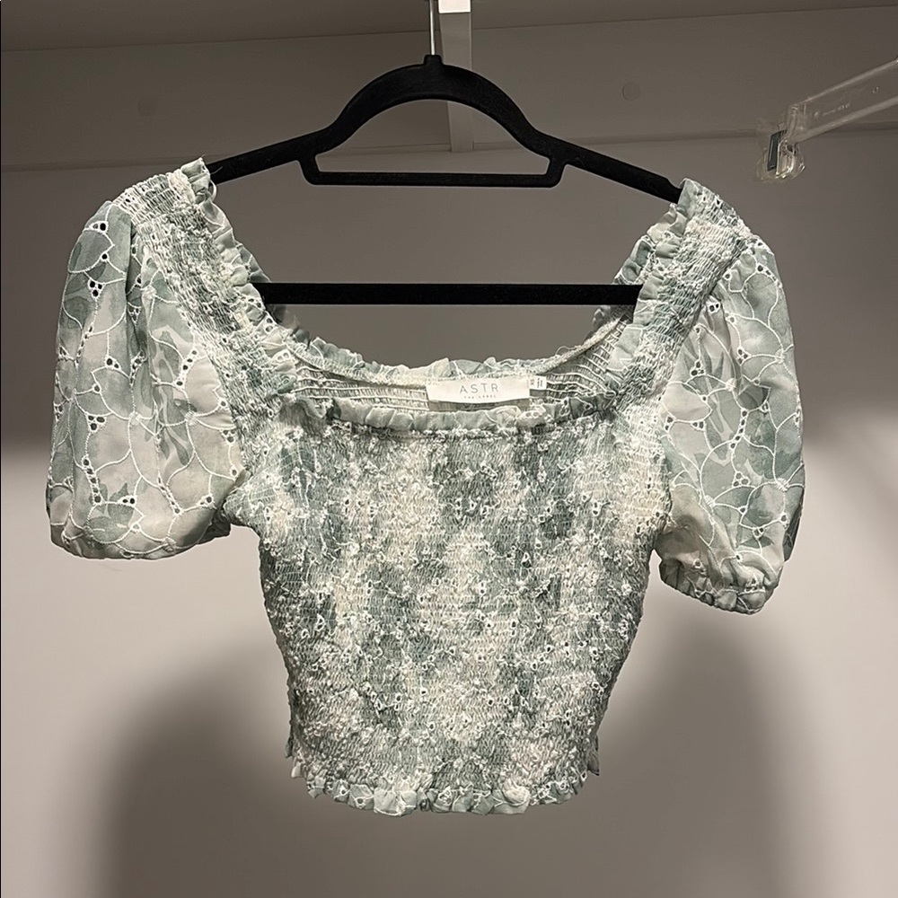 Astr Green and White Puff Sleeve Smocked Blouse